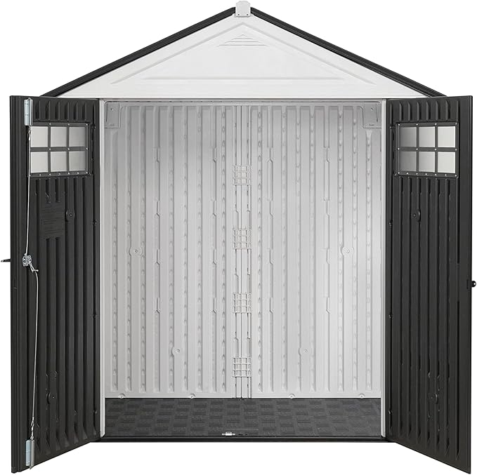 Rubbermaid Resin Outdoor Storage Shed With Floor (7 x 3.5 Ft) Weather Resistant, White, Organization for Home/Backyard/Garden Tools/Lawn Mower/Bike Storage/Pool Supplies Rubbermaid