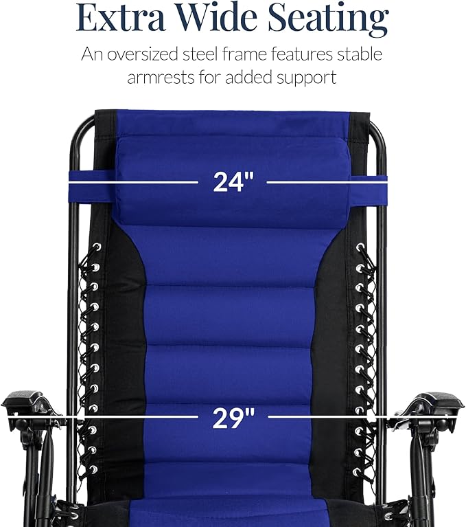 Best Choice Products Oversized Padded Zero Gravity Chair, Folding Outdoor Patio Recliner, XL Anti Gravity Lounger for Backyard w/Headrest, Cup Holder, Side Tray, Polyester Mesh - Blue BestChoiceProducts