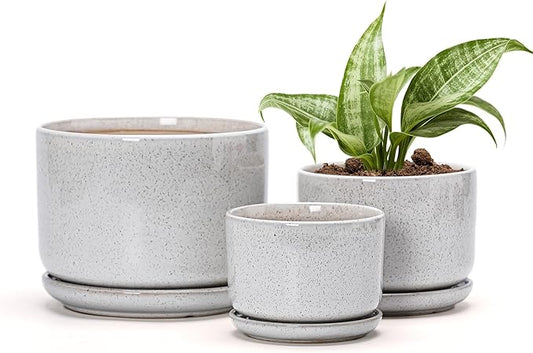 Ton Sin Plant Pots, 4.1+5.1+6.5 inch, Set of 3, Ceramic Planters with Drainage Hole and Saucer, Indoor Flower Pot with Drainage Hole, Gifts for Mom(Reactive Glaze White) TonSin