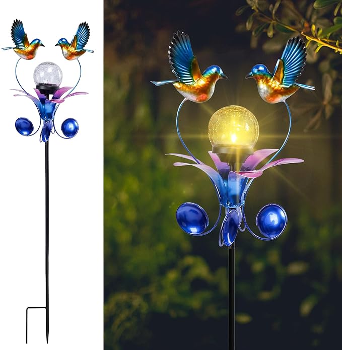 VCUTEKA Solar Lights Outdoor Metal Garden Stake Waterproof Crackle Glass Globe Garden Decor Blue Jay Bird for Pathway, Lawn, Patio, Yard VCUTEKA