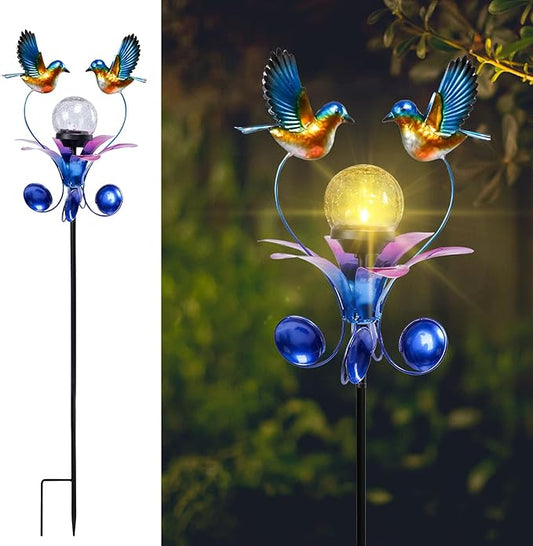 VCUTEKA Solar Lights Outdoor Metal Garden Stake Waterproof Crackle Glass Globe Garden Decor Blue Jay Bird for Pathway, Lawn, Patio, Yard VCUTEKA