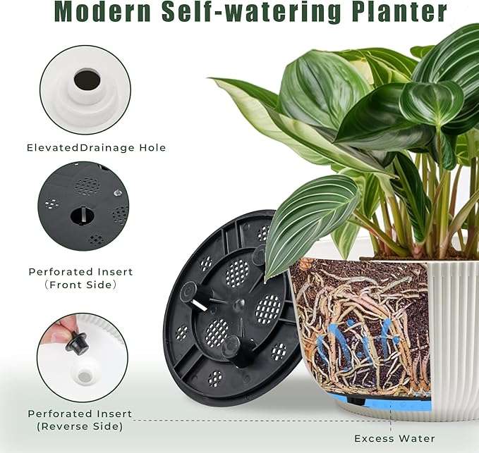 T4U 10 Inch Self Watering Pots for Indoor Plants, 2 Pack Large Plant Pots, Self Watering Planter for Indoor Plants, Durable Plastic Pots (2 Pack,10", White) T4U