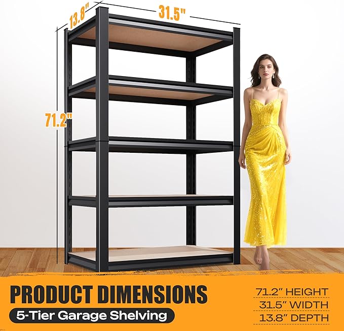 Set of 2 Garage Shelving Heavy Duty Storage Shelves, Metal Adjustable Shelving Unit, Utility Garage Organizer Shelf for Basement, Pantry, Kitchen, Warehouse, 13.8''Dx31.5''Wx71.2''H, Black Rootora