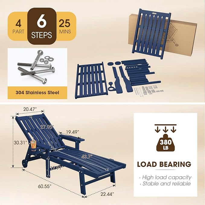 Patio Chaise Lounge Chair Set of 4, Oversized Lounge Chair Outdoor with 5 Positions, HDPE, Patio Lounge Chair with Wheels & Cup Holder for Pool, Deck, Poolside,Navy Blue THOEOE