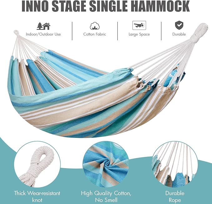 Brazilian Hammock with Tree Straps - Canvas Hammocks Portable Hammock with Carry Bag for Backyard, Porch, Outdoor and Indoor Use Blue & Green INNOSTAGE