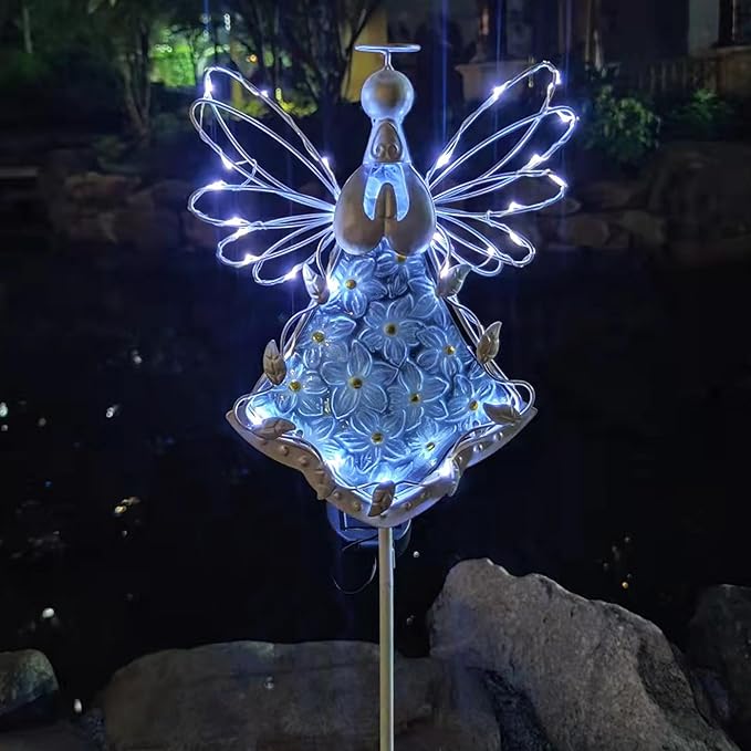 38Inch Angel Solar Lights Outdoor Decorative-Metal&Glass Angel Hydrangea Flower Garden Stake Lawn Light- Waterproof 30 Warm White LED for Remembrance Gifts & Grave Decorations (White) COOZZYHOUR