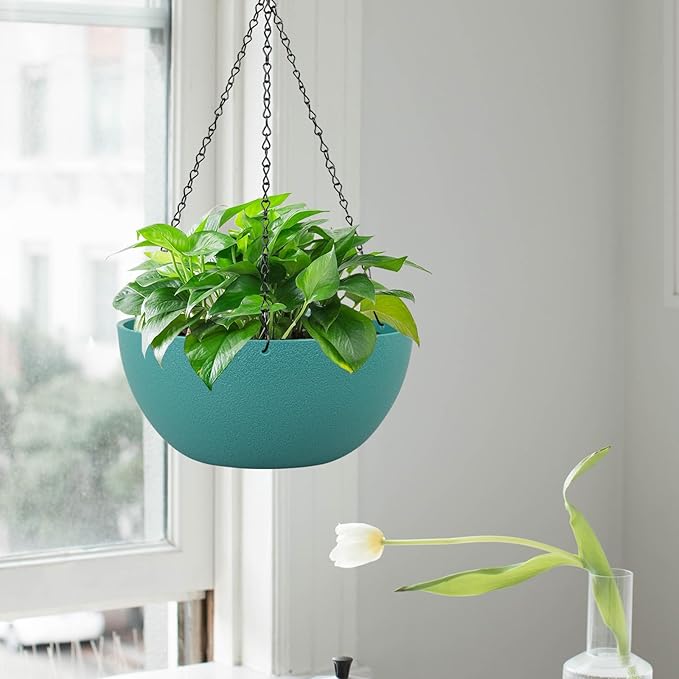 10 inch Hanging Planters for Outdoor Indoor Plants with Drainage Holes and Chain, 2 Pack Round Hanging Flower Pots for Garden Home Porch Decor, Blue Green WSMKSZ