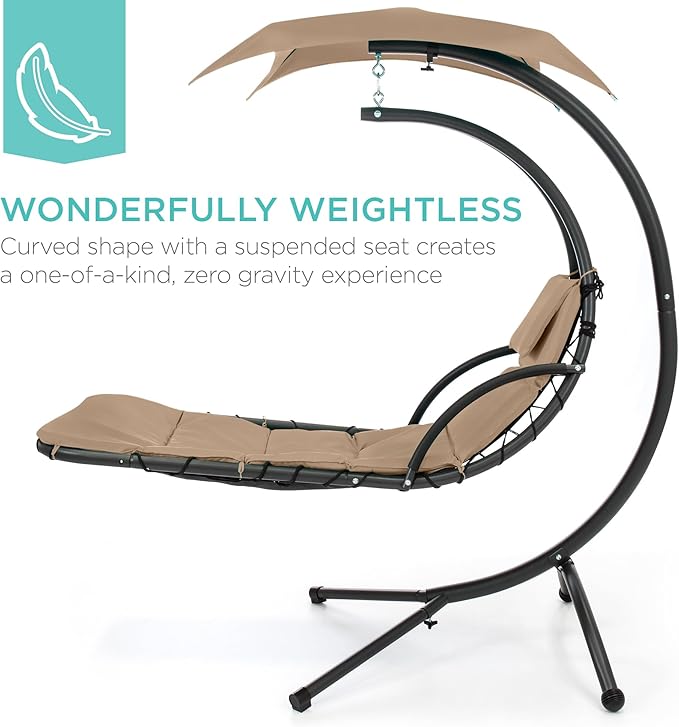 Best Choice Products Outdoor Hanging Curved Steel Chaise Lounge Chair Swing w/Built-in Pillow and Removable Canopy - Tan BestChoiceProducts