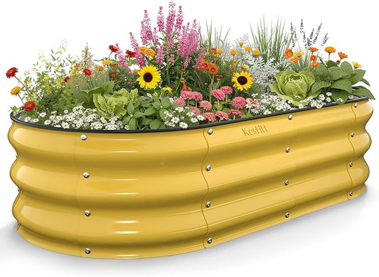 Kesfitt Raised Garden Bed, 4x2x1 FT Galvanized Steel Metal Raised Garden Bed, Oval Open-Bottom Design, 12-Inch Deep for Outdoor Vegetable & Herb Gardening, Creamy Yellow Kesfitt