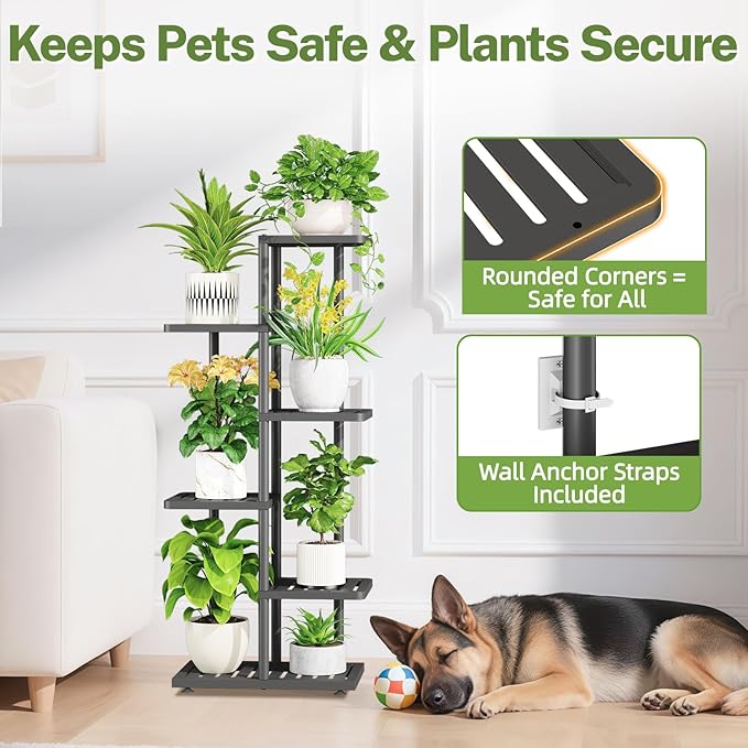 iDavosic.ly Plant Stand with Grow Light Indoor Outdoor, 5-Tier Tall Metal Flower Shelf for Heavy-Duty Large Planters, Corner Orchid Display Rack for Living Room Balcony Patio Porch, Modern Black iDavosicly