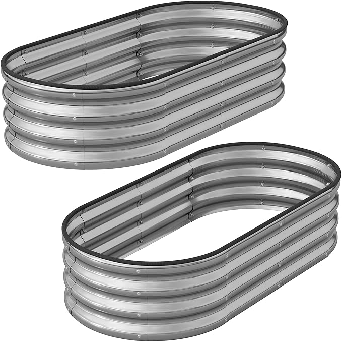 Galvanized Metal Raised Garden Bed Kit for Outdoor Planter Boxes with Easy Assembly,Oval Large Galvanized Gardening Raised Bed for Vegetables, Fruits, Flower (Silver, 4 * 2 * 1ft-2P) Anmiro