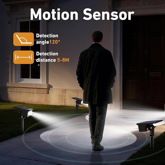 btfarm Solar Spot Lights Outdoor Waterproof, 3 Modes Motion Sensor Lights, Solar Powered Spotlights 2-in-1 Auto On/Off for Outside Pathway Yard Garden Landscape Lighting, Cool White btfarmdecorativelighting