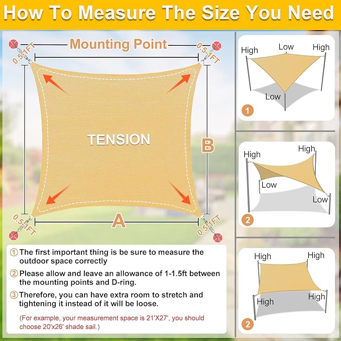 KANAGAWA Sun Shade Sail Curved 24'X24' Sand Rectangle Outdoor Shade Cover UV Blovk Canopy for Patio Garden Backyard Heavy Duty Permeable 185GSM (We Make Custom Size) KANAGAWA