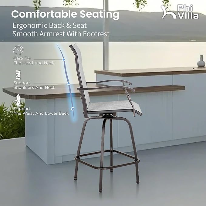 PHI VILLA Outdoor Swivel Patio Bar Stools Set of 2, 30 Inch Bar Height Tall Patio Chairs with Back & Armrest, Durable Textilene Fabric in Grey for Deck Lawn Garden PHIVILLAThepioneerofcomfortablehouseholdsupplies