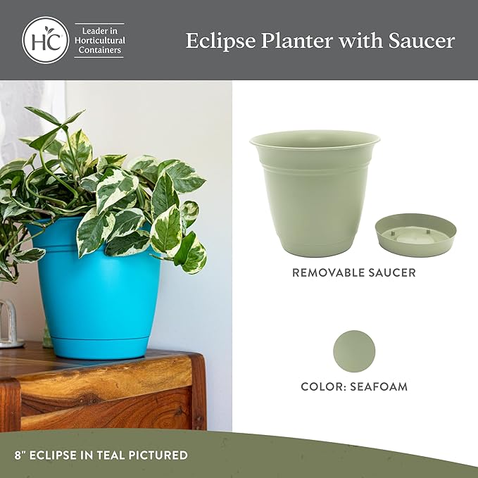 The HC Companies Eclipse Round Planter with Saucer - Outdoor & Indoor Plant Pot with Drainage Holes - Lightweight, UV-Resistant Plastic Pots for Plants, Flowers & Herbs (10" Seafoam, Pack of 1) TheHCCompanies