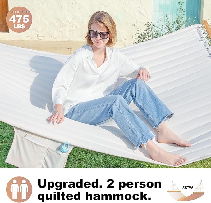 2 Person 12FT Hammocks for Outside, Double Quilted Fabric Outdoor Hammock with Spreader Bar, Large Removable Pillow, Storage Pockets, Carabiners, Max 475 lbs Capacity (Dune Beige) GafeteOutdoorLiving
