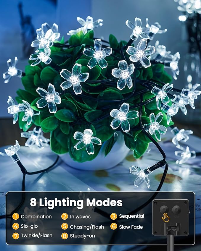 Brightown 60 LED Solar Flower String Lights Outdoor Waterproof Fairy Lights for Garden Yard Fence Patio Christmas Tree Wedding Party Decor, Pure White Brightown