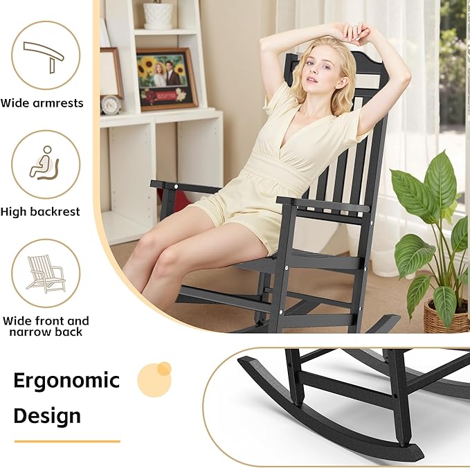 Patio Rocking Chair Outdoor Set of 2,Weather Resistant Poly Resin Oversized Porch Rocker,High Back Smooth Design,350lb Weight Capacity,Indoor Outdoor Use(2, Black) GYMHILL