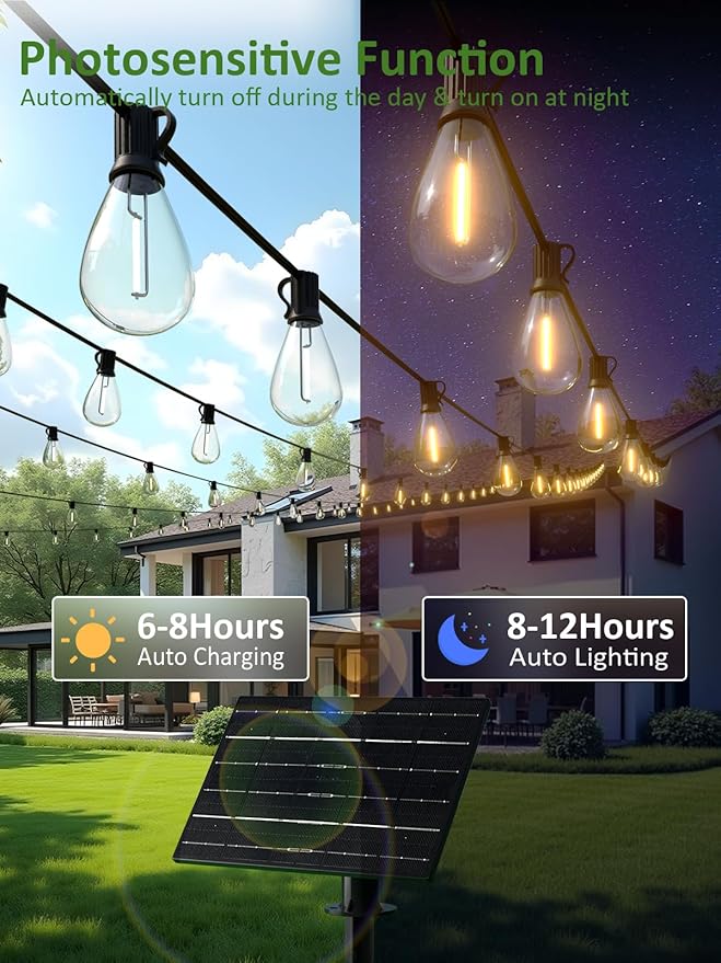 luckystyle 200FT Solar String Lights Outdoor Waterproof 2200K with Remote & USB Charging, 72+4 LED Shatterproof Bulbs, Dimmable & Timable, 3 Light Modes, Long Last for Garden,Patio, Backyard, Camping luckystyle