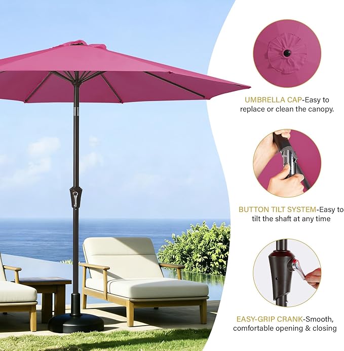 MEWAY 9ft Patio Umbrella Outdoor Table Umbrellas with Push Button Tilt and Crank, Market Umbrella 8 Sturdy Ribs for Deck, Garden, Pool and Backyard, Pink MEWAY