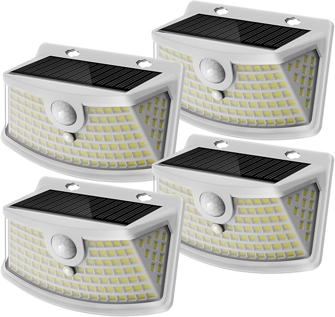 Aootek New Solar Motion Sensor Lights 120 LEDs with Lights Reflector,270° Wide Angle, IP65 Waterproof, Step Lights for Front Door, Yard, Garage, Deck (White, Daylight White, 4-Pack) Lightupeveryconer