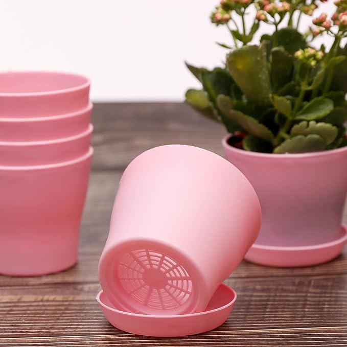 TDHDIKE 10 Pcs Plastic Planters Indoor Flower Plant Pots, Mini Flower Seedlings Nursery Pot/Planter/Flower Pot with Pallet, Modern Decorative Gardening Containers (Pink) TDHDIKE