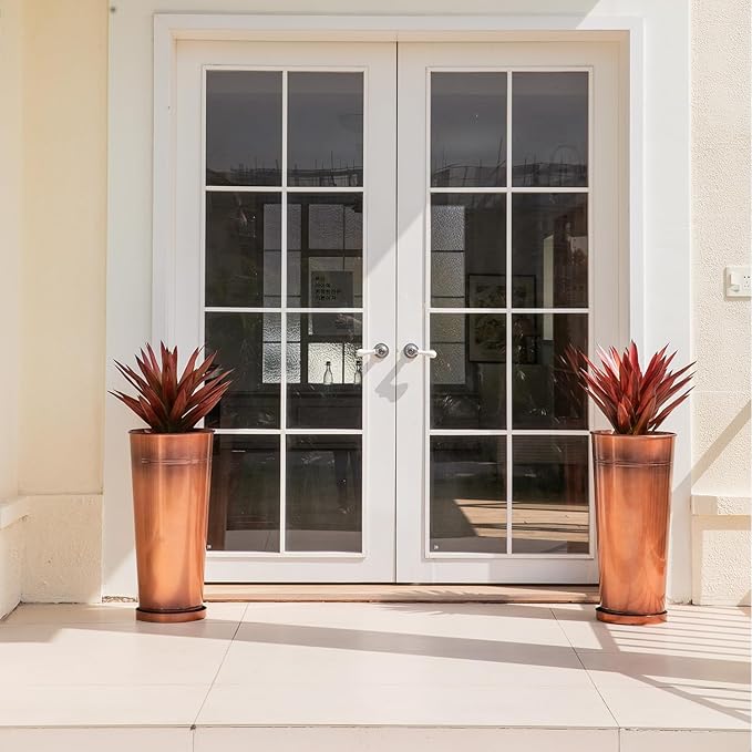28in Tall Copper Planters Set of 2,Galvanized Steel Tall Outdoor Planter for Indoor/porches- Copper Color(2planters,2inner pots with Holes,2trays) Ultiteque