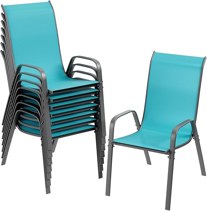 TLSUNNY Patio Chairs, Stackable Textilene Outdoor Dining Furniture for All Weather, with 17.7″ Wide Seat & Metal Frame, for Garden, Backyard, Deck, Restaurant, Poolside (8, Turquoise Blue, 26.4″) TLSUNNY