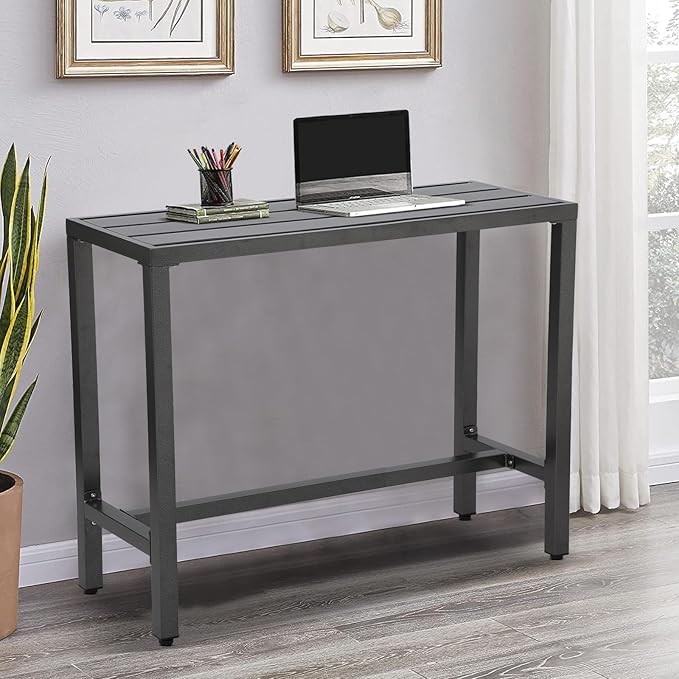 Outdoor Bar Table, Patio Console Pub Height Tables with Powder Coated Steel Frame, Weather Resistant Waterproof Top for Hot Tub, Balcony, Garden, Yard, Poolside (Grey, 55" Bar Table) Sumshadow