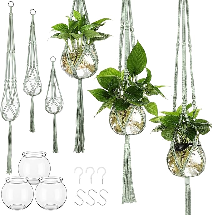 6 Pcs Plastic Plant Propagation with Boho Macrame Hanger Wall Plant Propagation Station Hanging Holder Include Hooks Kit for Indoor Home Garden Office Decor 3 Size (Sage Green) Colingmill