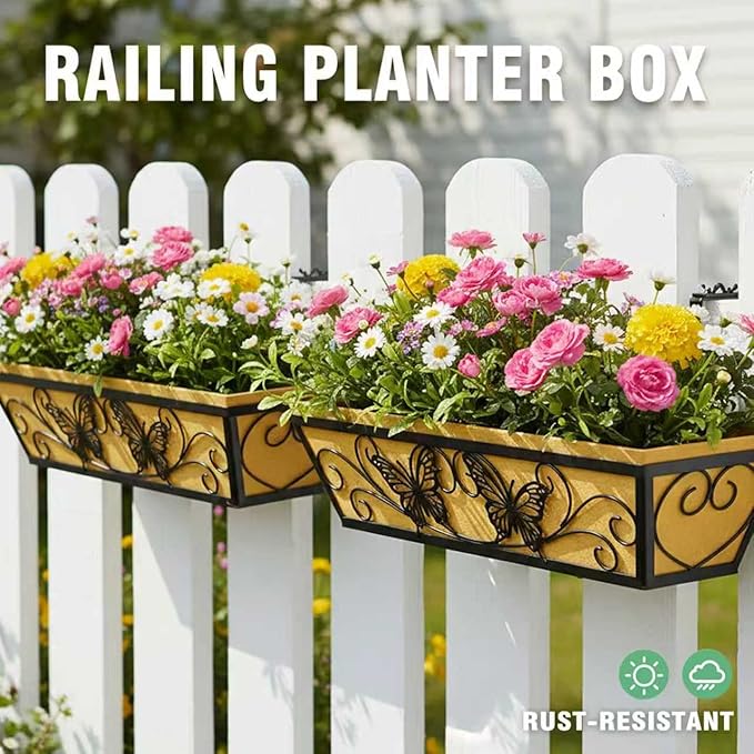 4 Pack 24 Inch Window Boxes Planter Railing Planters Box with Adjustable Brackets for Porch Deck Balcony Hanging Butterfly Decorative Flower Baskets & Non-Woven Fabric Liner for Outdoor Plants - Black KarlliuHOMEGARDEN