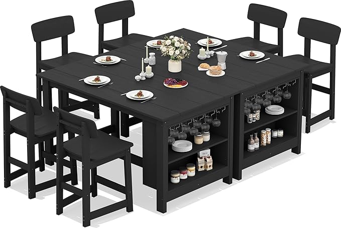 SERWALL 8-Piece Counter Height DiningTable Sets with Storage and Wine Rack, HDPE 2 Rectangular Bar Table with Bar Stools Set of 6 for Garden, Backyard, Kitchen, Black SERWALL
