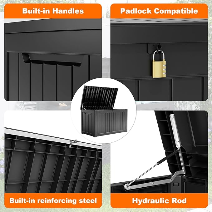 280 Gallon Resin Deck Box, Lockable Weatherproof Outdoor Storage Box for Furniture, Garden Tools and Tools Storage, Waterproof Outside Storage Boxes - Black OutdoorLivingPerfected