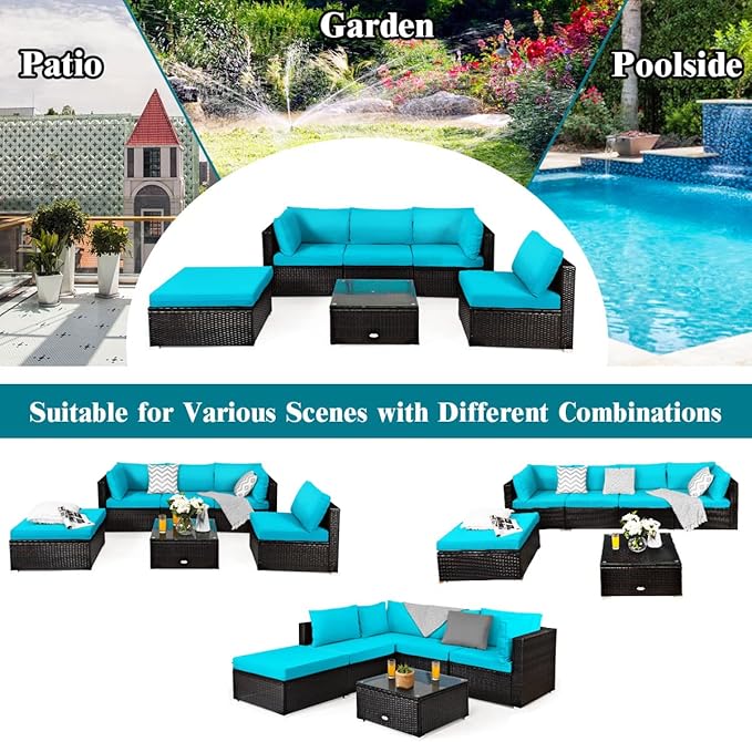 Tangkula 6 Piece Patio Furniture Set, Outdoor Deck Lawn Backyard Durable Steel Frame PE Rattan Wicker Sectional Sofa Set, Conversation Set with Coffee Table (Turquoise) TANGKULA