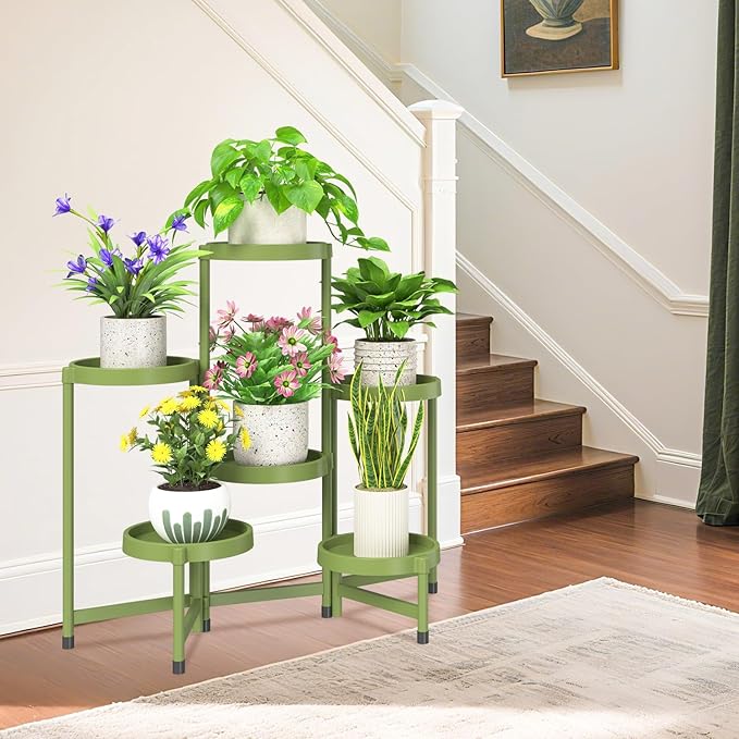 iDavosic.ly 6 Tier Folding Plant Stand Indoor Outdoor with Plastic Tray, Tiered Corner Flower Holder Shelf, Metal Orchid Display Rack for Patio Porch Living Room Garden Balcony, Green iDavosicly