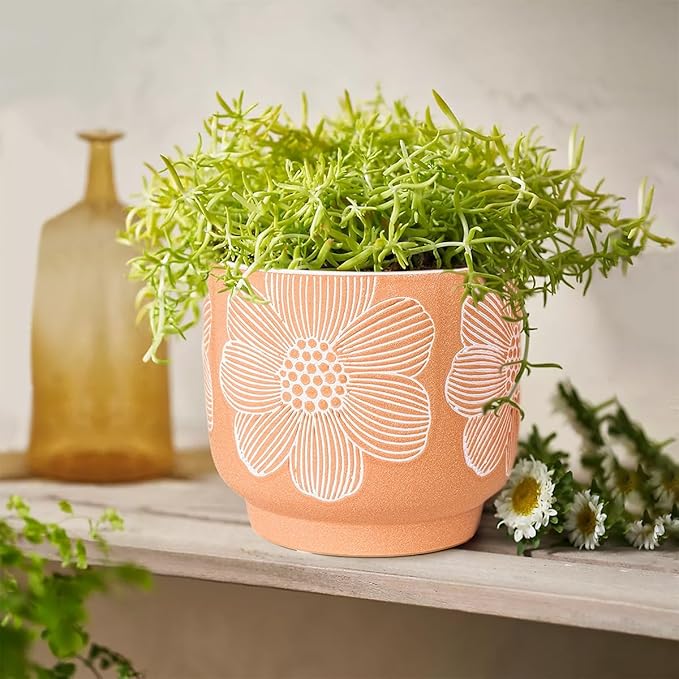YBX 8 Inch + 6 Inch White Flower Pattern Plant Pots, Sand Glazed Ceramic Planter with Drainage Hole, Flower Pots for Indoor Plants, Orange YBXYIBOXUAN
