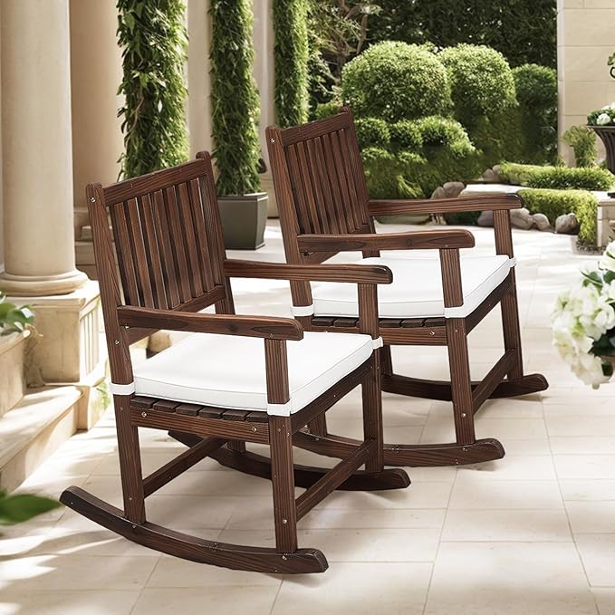 VINGLI Outdoor Rocking Chair, Weatherproof Rocker with Cushion, Wooden Rocking Bench Support 450 LBS for Patio, Yard, Garden, Outdoor or Indoors, Rustic VINGLI