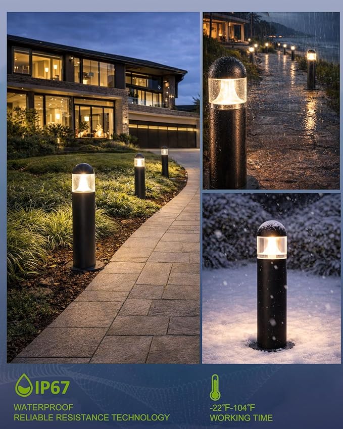8 Pack Aluminum Low Voltage Landscape Pathway Lights Wired, Outdoor Modern 12V LED Bollard Lights for Driveway Garden Walkway Yard (Included Connectors), 2700K Warm White Waterproof, Black MOON-DE-AGE