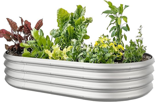5x3x1ft Oval Galvanized Raised Garden Bed Outdoor 9-in-1 Large Metal Modular Planter Box Raised Beds for Gardening,Vegetables,Fruits,Flowers & Herbs (Silver) IDEAFAMILY