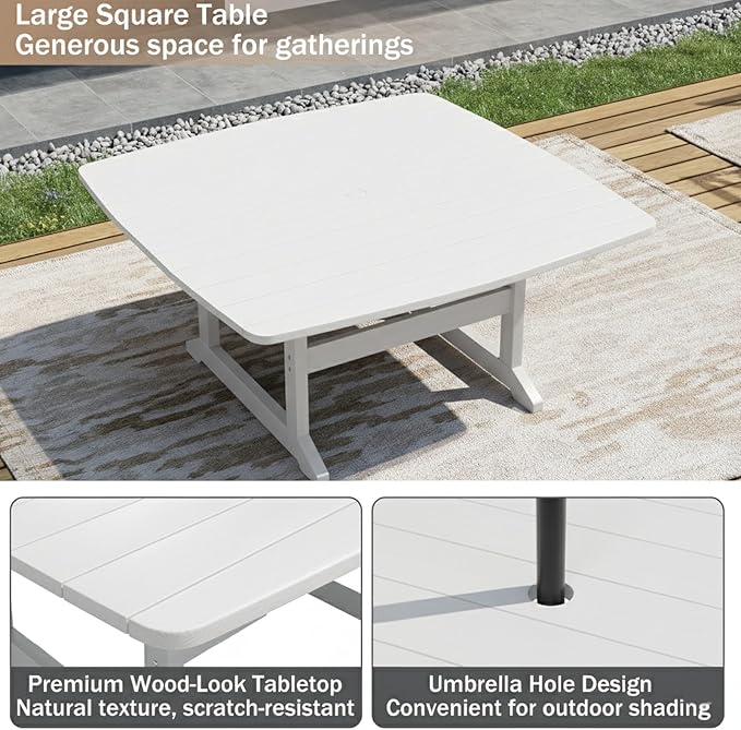 Outdoor Dining Set, HDPE 9-Piece Patio Table and Chairs Set, All-Weather Outdoor Dining Table Set for 8 with Umbrella Hole, Durable Patio Furniture Set with Chairs,White Rootora