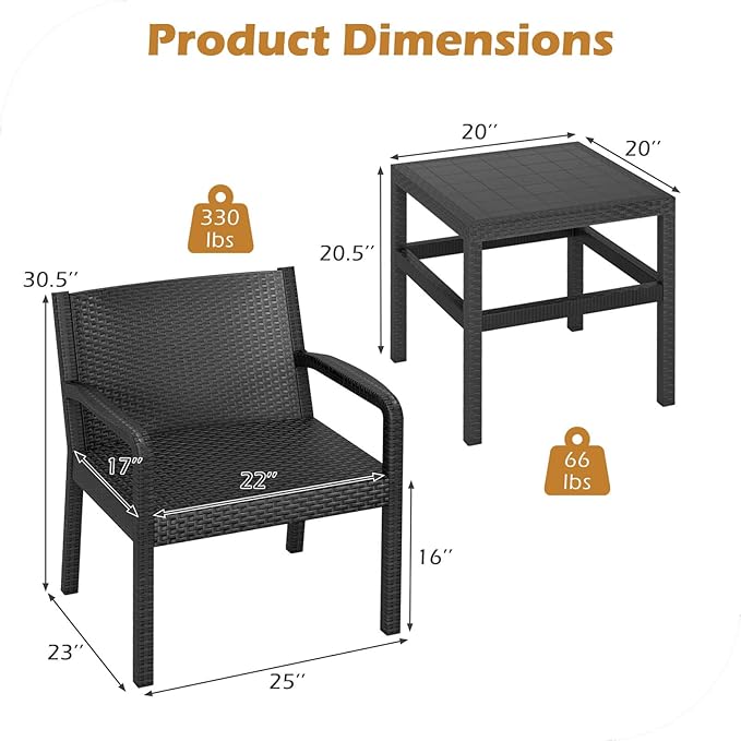 COSTWAY 3 Piece Patio Furniture Set, Outdoor PP Rattan Wicker Furniture Set with 2 Modern Rattan Armchair and 25” Squire Side Table for Patio, Garden, Poolside, Bistro, Black COSTWAY