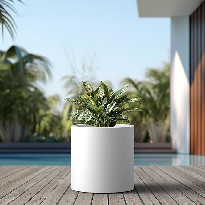 Kante 15.7" Dia Round Concrete Planter, Modern Style Large Cylindrical Plant Pot with Drainage Hole and Rubber Plug for Indoor Outdoor Patio, White Kante