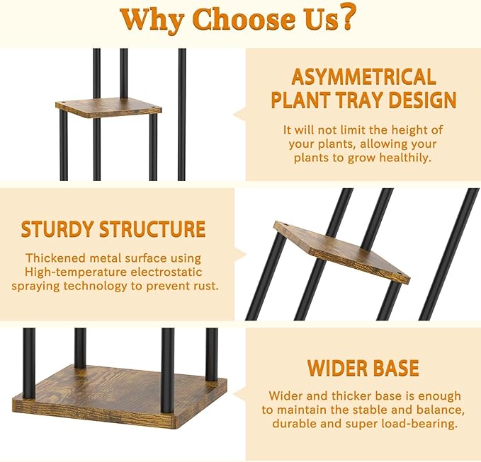3 Tier Corner Plant Stand Indoor, Metal Wood Flower Pot Holder Shelf, Multiple Display Rack Square Table for Living Room Bedroom Orchid Outdoor Balcony Garden Patio, Modern Black & Rustic Brown Oppro