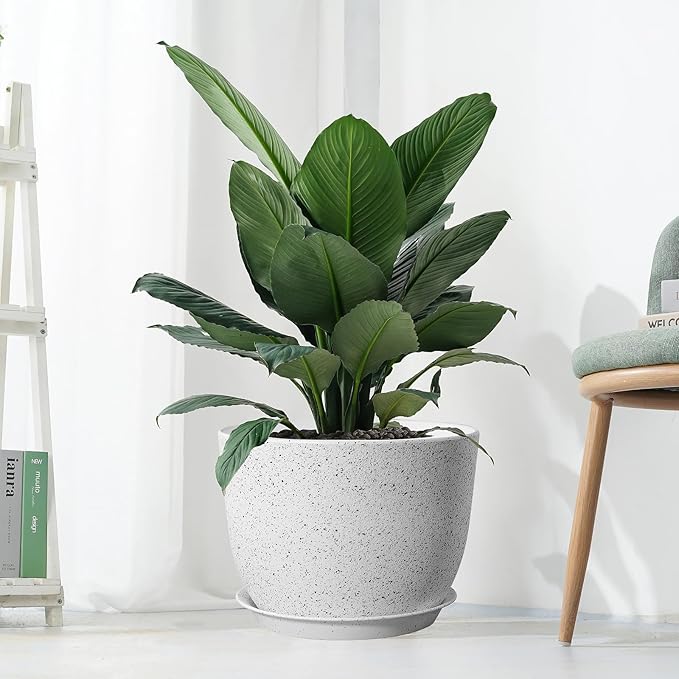 12inch Large Plant Pot, Modern Plastic Planter with High Driange Holes and Saucer for Indoor Outdoor Garden Plants and Flowers, White Speckles UOUZ
