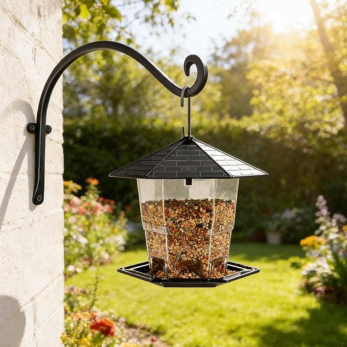 Qiang Ni Bird Feeder Hanger: 12-Inch Wall-Mounted Plant Bracket Outdoor - 4 Pieces Black Plant Hooks for Hanging Flower Baskets QiangNi
