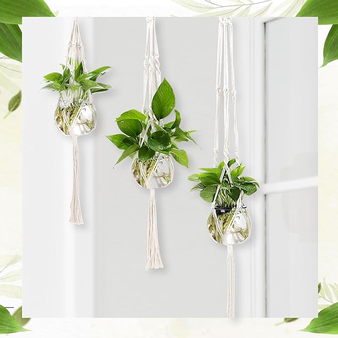 6 Pcs Boho Macrame Plant Hanger with Small Plastic Pot Hanging Plant Holder Wall Planter Propagation Station Include Hooks Kit for Indoor Home Garden Office Decor 3 Size (White) Colingmill