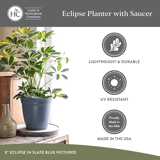 The HC Companies 16 Inch Eclipse Round Planter Pots with Drainage Holes & Attached Saucer, Lightweight UV-Resistant Plastic Indoor & Outdoor Planters, 2-Pack Flower Pots, Garden Home Decor, Warm Gray TheHCCompanies
