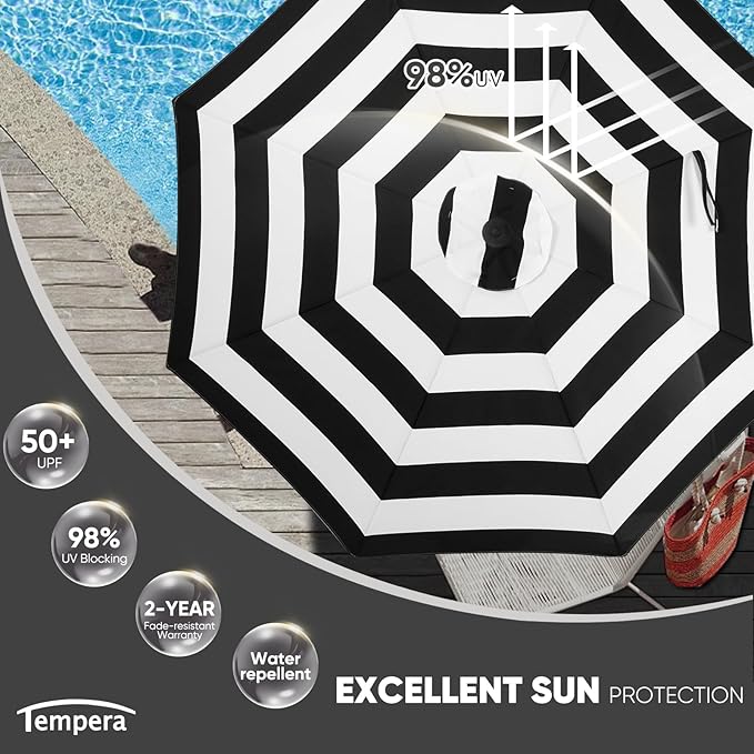 Tempera Patio Market Outdoor Table Umbrella with Auto Tilt and Crank, Large Sun Umbrella with Sturdy Pole & Fade Resistant Canopy, Easy to Set TemperaPatioLife
