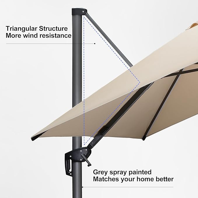 PURPLE LEAF 10 Feet Patio Umbrella Outdoor Cantilever Solar Powered LED Square Umbrella Aluminum Offset Umbrella with 360-degree Rotation for Garden Deck Pool Patio, Beige PURPLELEAF