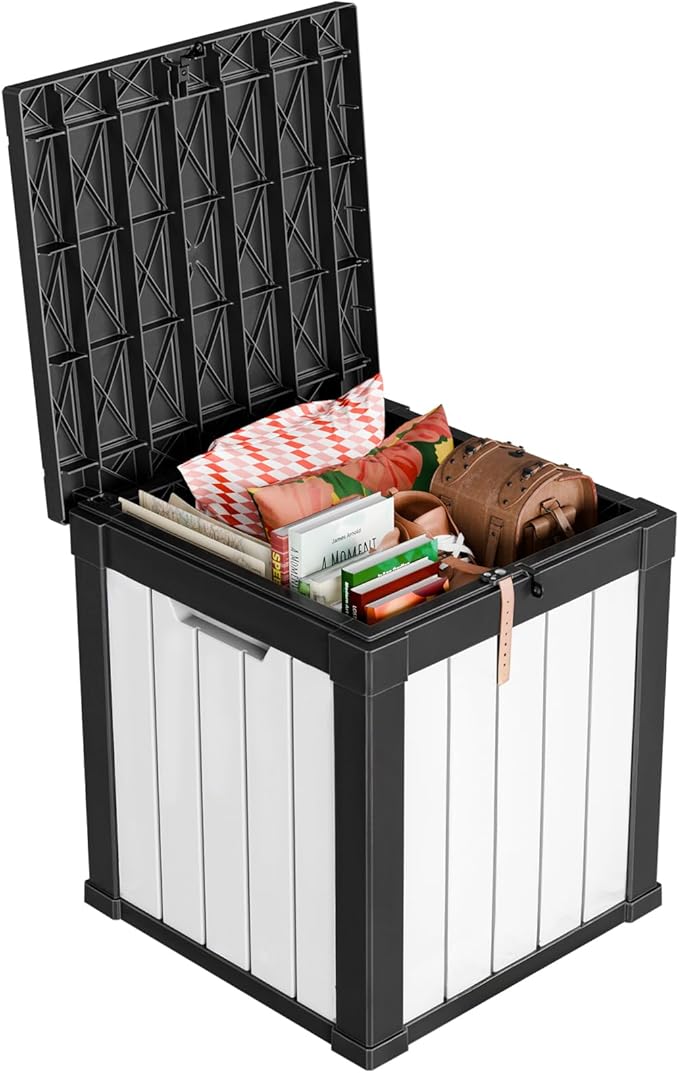 DRATO 50 Gallon Deck Box, Outdoor Storage Box for Patio Cushion, Garden Tools, Waterproof Patio Storage box, Lockable (Black and White) DRATOprovidesawarmandcozy